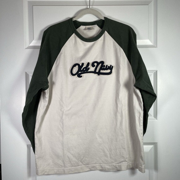 Vintage Old Navy Sweatshirt Green Cream Navy Lettering Patch L Large 2002 - Picture 2 of 8